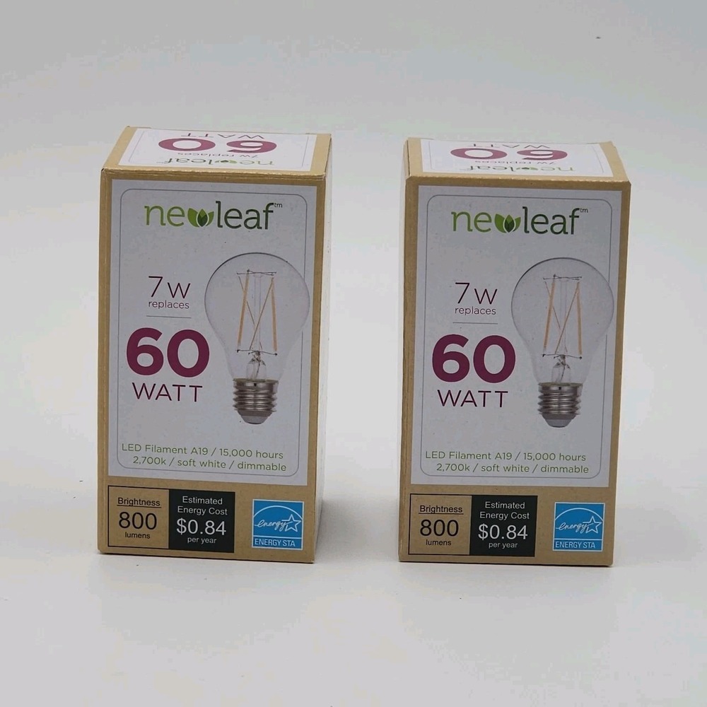 New Leaf LED Filament A19 Bulbs 60 Watt Soft White‎ Dimmable 800 Lumens New